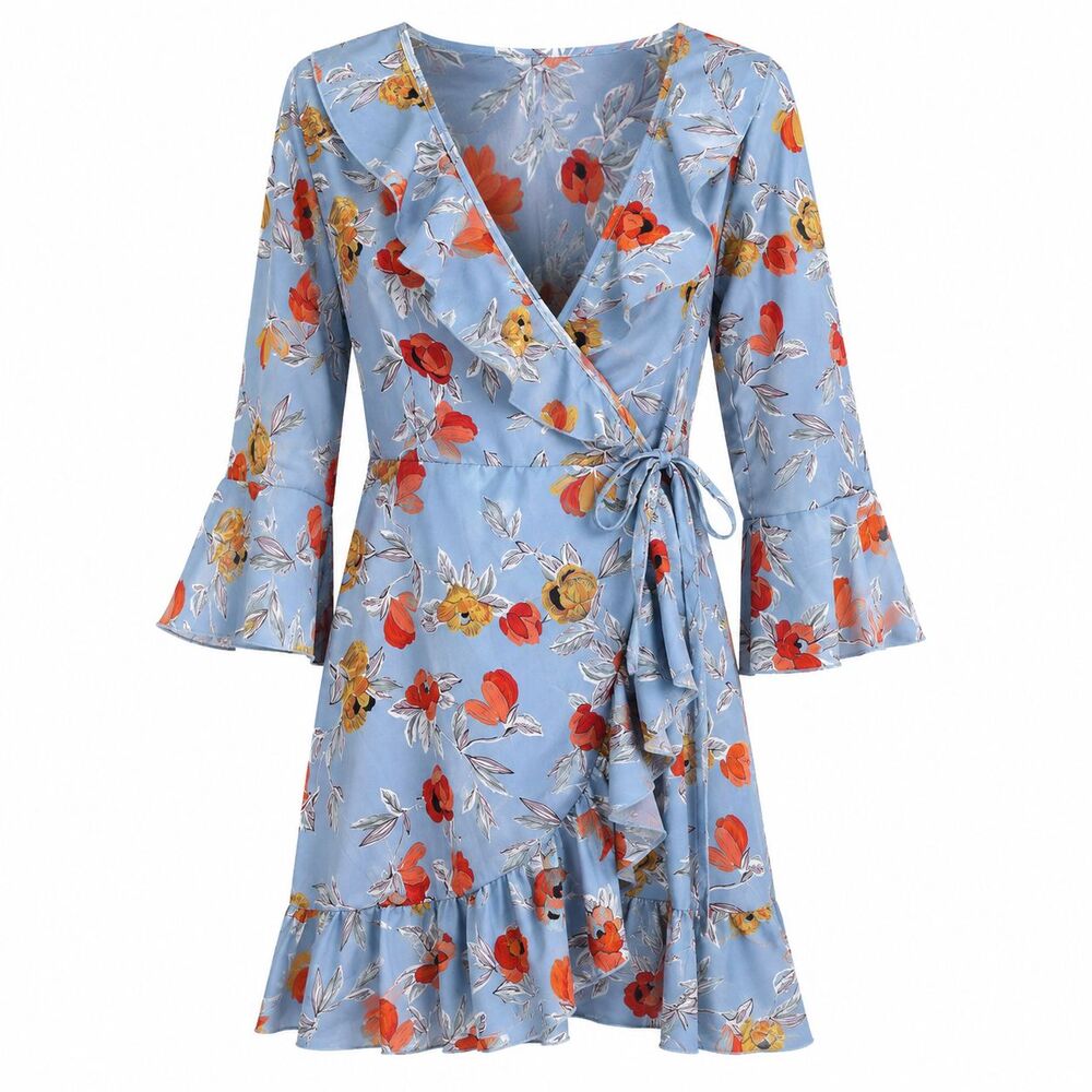 PrettyLittleThing Women Floral Frill Wrap Tea Dress 12 Turquoise Cottagecore NWT
